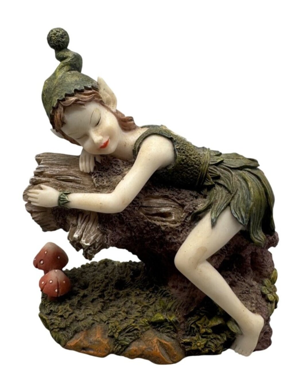Axicon Sleeping Fairy Figurine Log Mushrooms Hand-Painted Resin Decorative READ